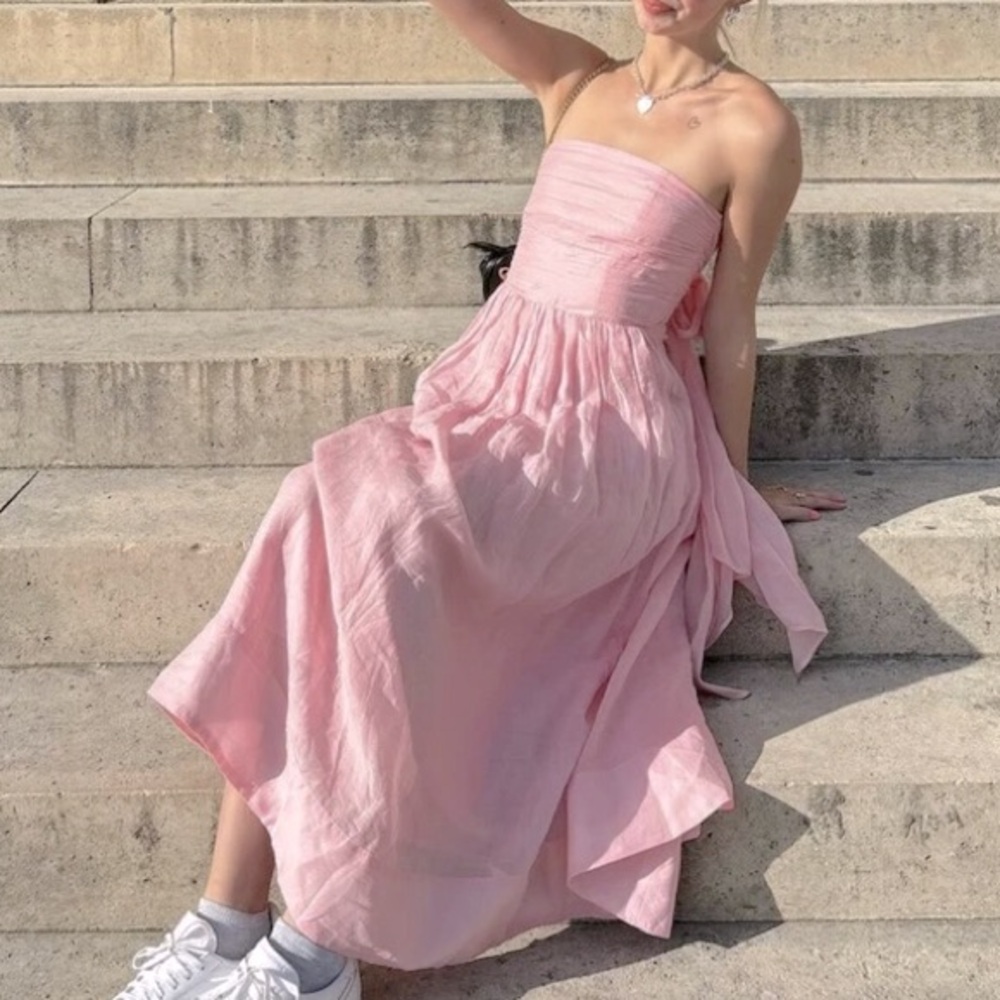 H&M Ramie Bandeau Pink Midi Dress Viral Linen Bow Summer Cute Beach